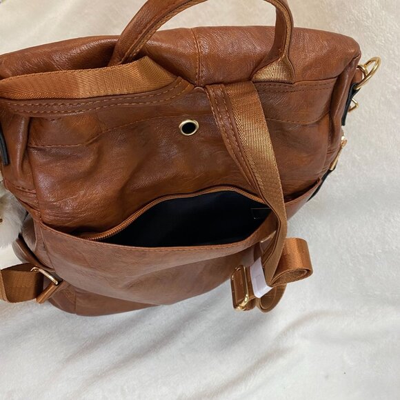 Brown Faux Leather Backpack With Gold Accents Multiple Zipper Pockets Adjustable - Picture 8 of 8